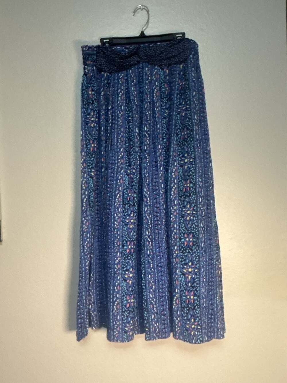 Vtg Norton McNaughton Maxi Skirt Blue Multi Floral Bohemian Print Smocked Waist